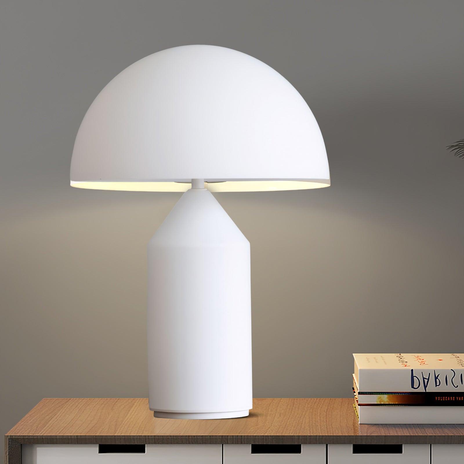 White table lamp on a wooden surface with a neutral background