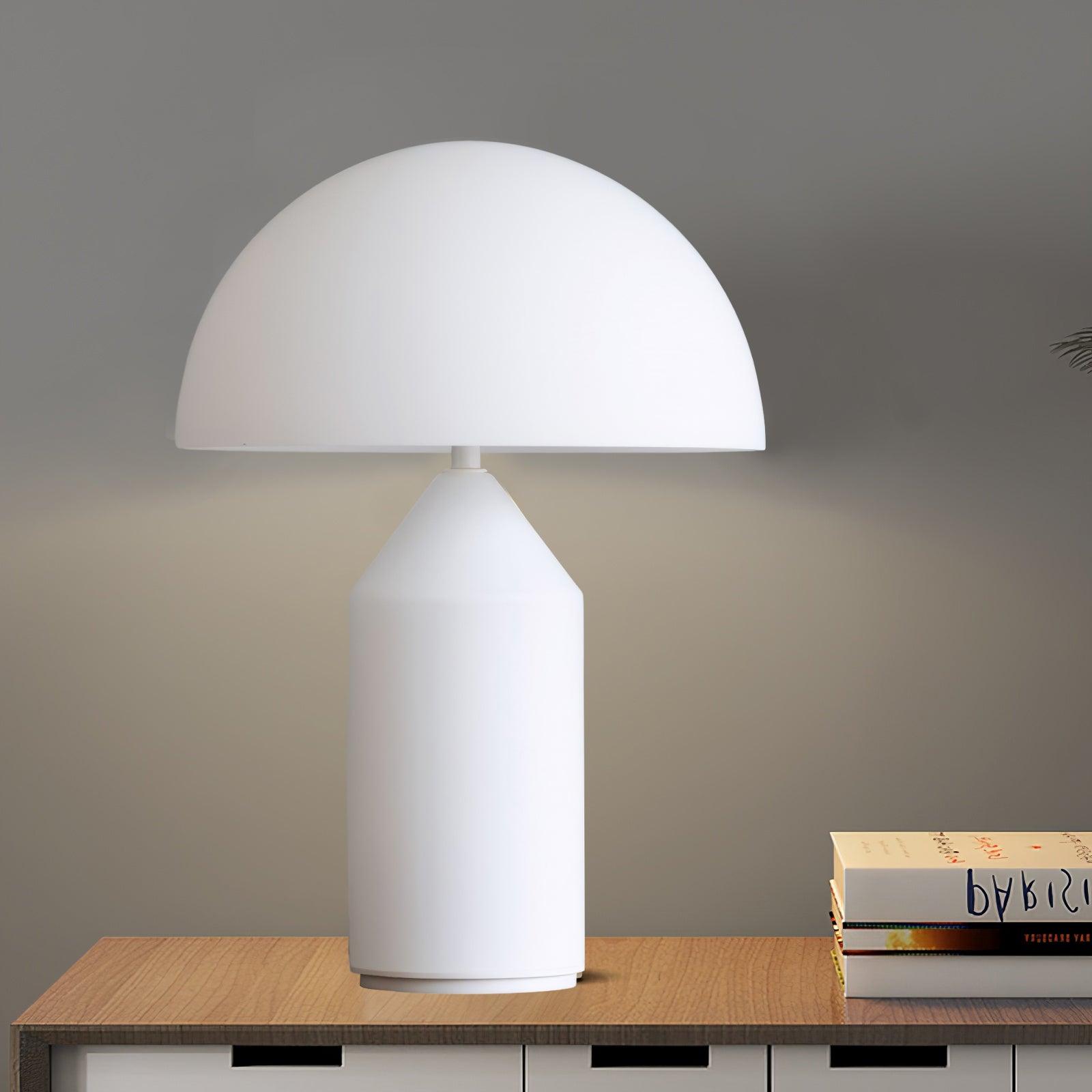 White table lamp on a wooden surface with a neutral background