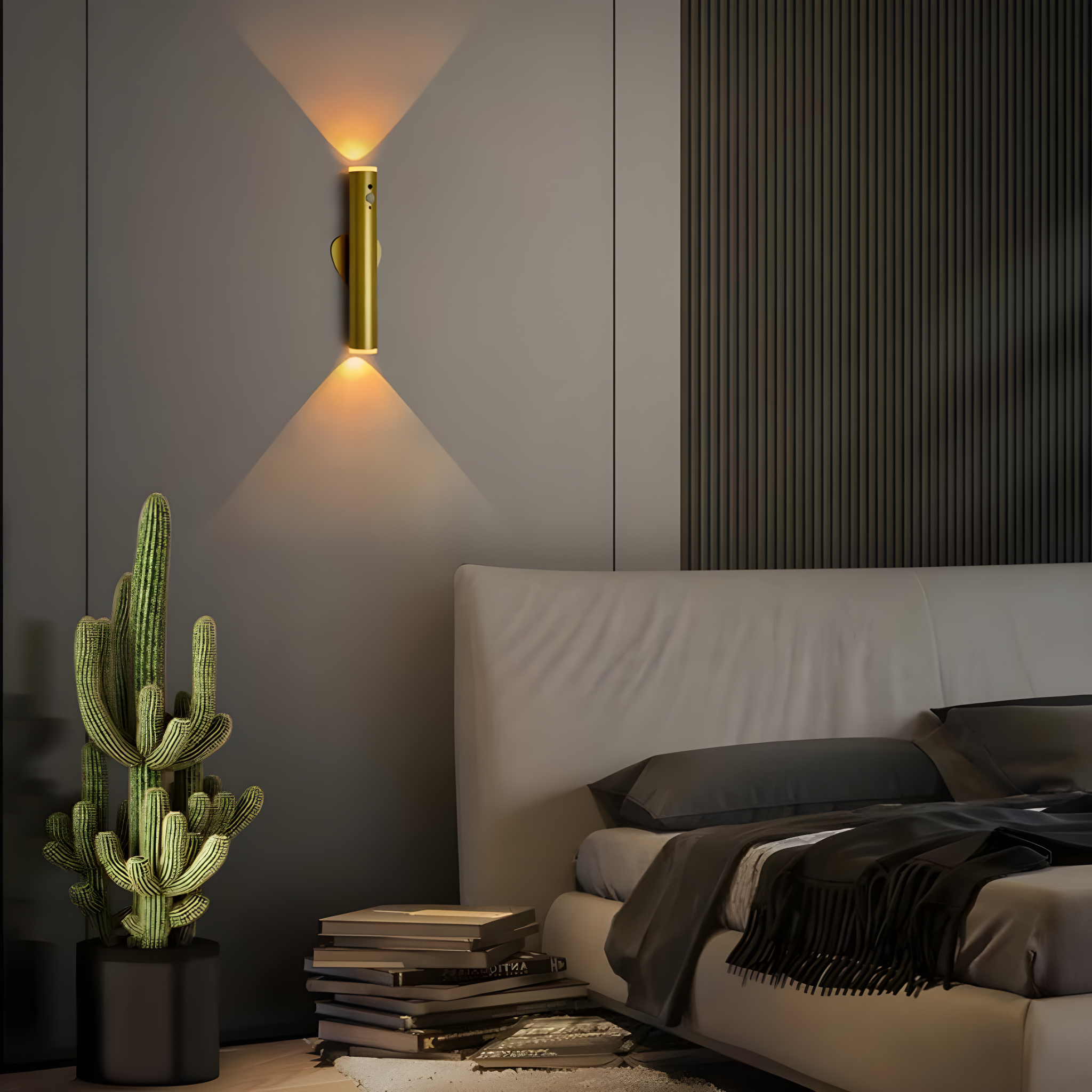 Modern bedroom with a cactus plant, books, and a wall lamp.