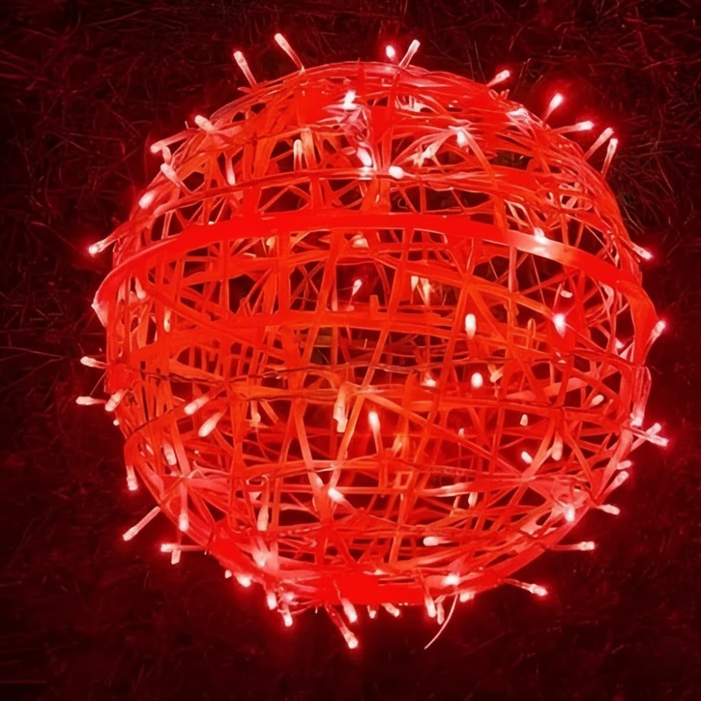 Red LED string light ball on a dark background