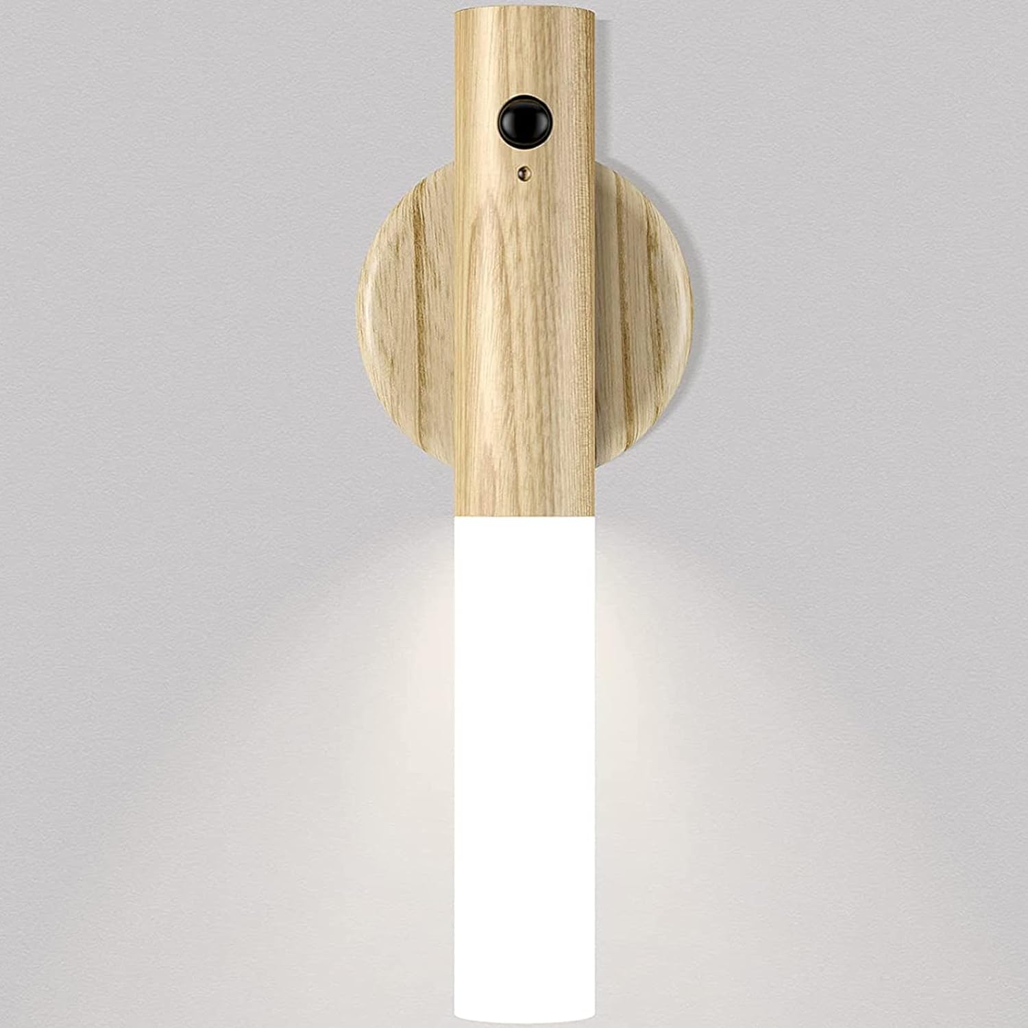 Wooden wall sconce with a white base on a light gray background