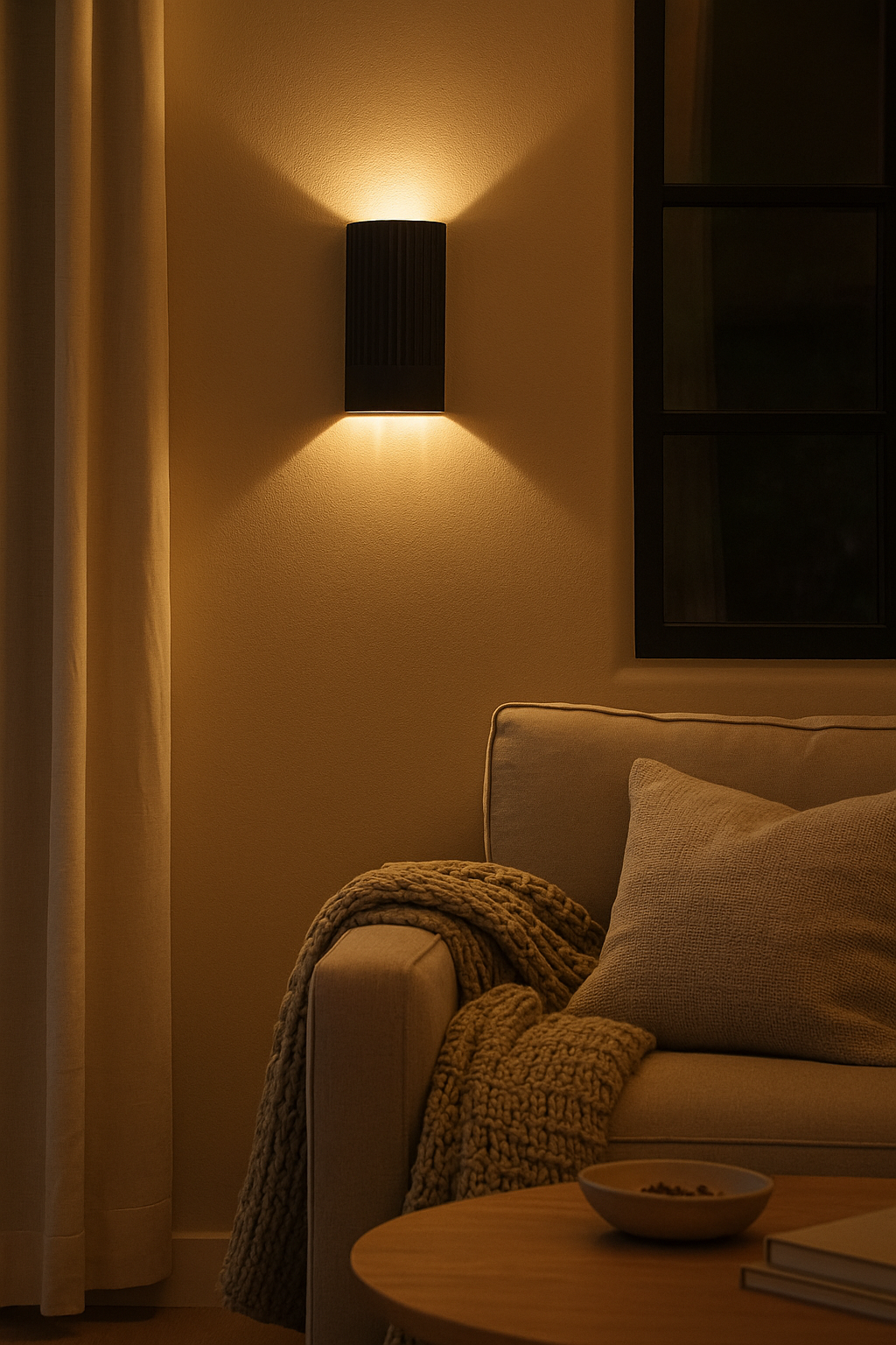Wall-mounted light fixture casting a warm glow on a cozy living room setting with a sofa and table.