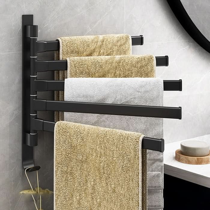 Black Metal Towel Rack with 5 Swiveling Arms – Space-Saving Towel Holder for Stylish Bathroom Organization 0