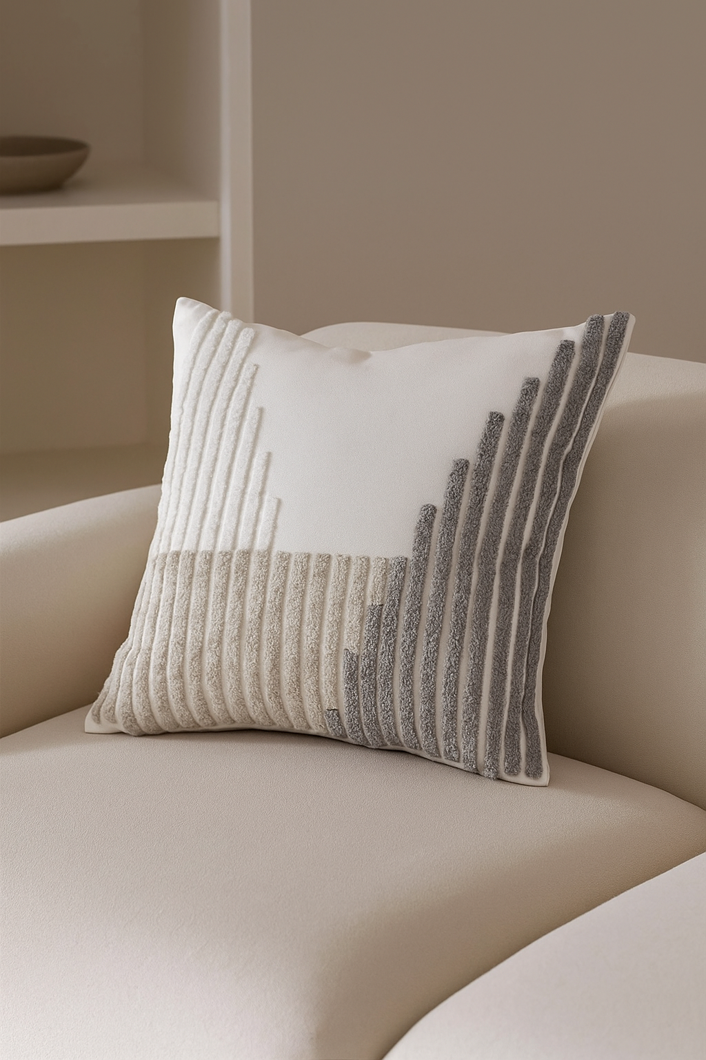 Decorative pillow with a textured pattern on a beige sofa