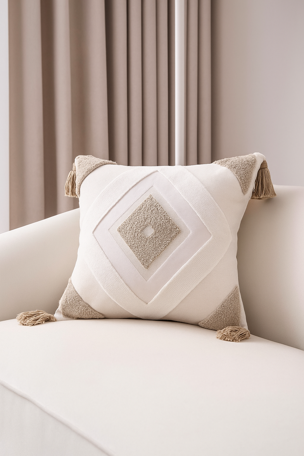Decorative pillow with geometric pattern on a sofa against a neutral curtain background