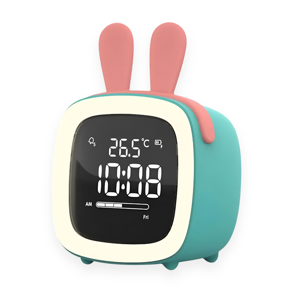 Children's digital clock with rabbit design on a white background