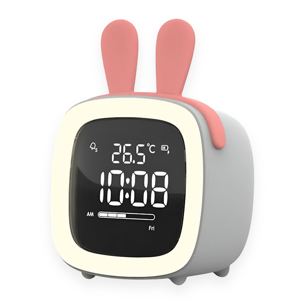 Digital clock with rabbit ears on a white background