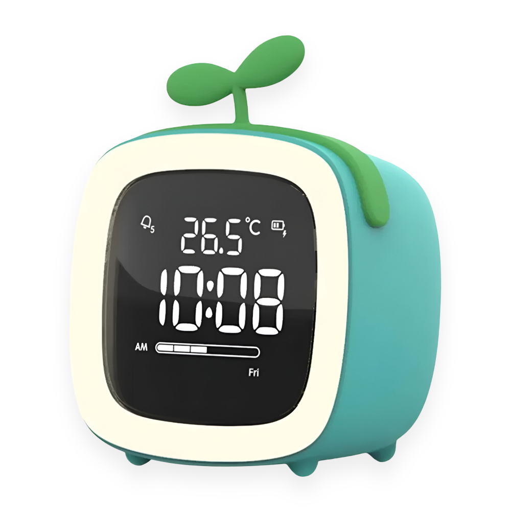 Digital clock with green top and teal base on a white background
