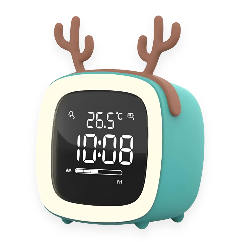 Digital clock with reindeer antlers displaying time and temperature on a white background
