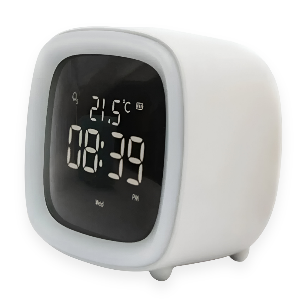 White digital clock with temperature and time display on a white background