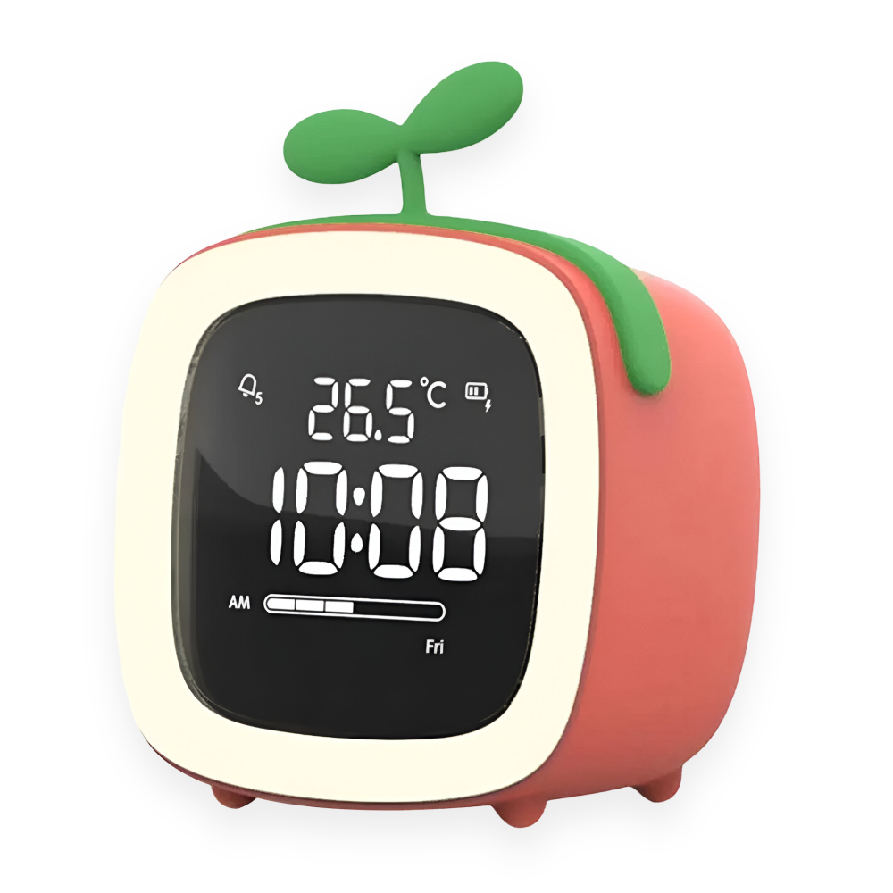 Digital clock with a fruit design on a white background