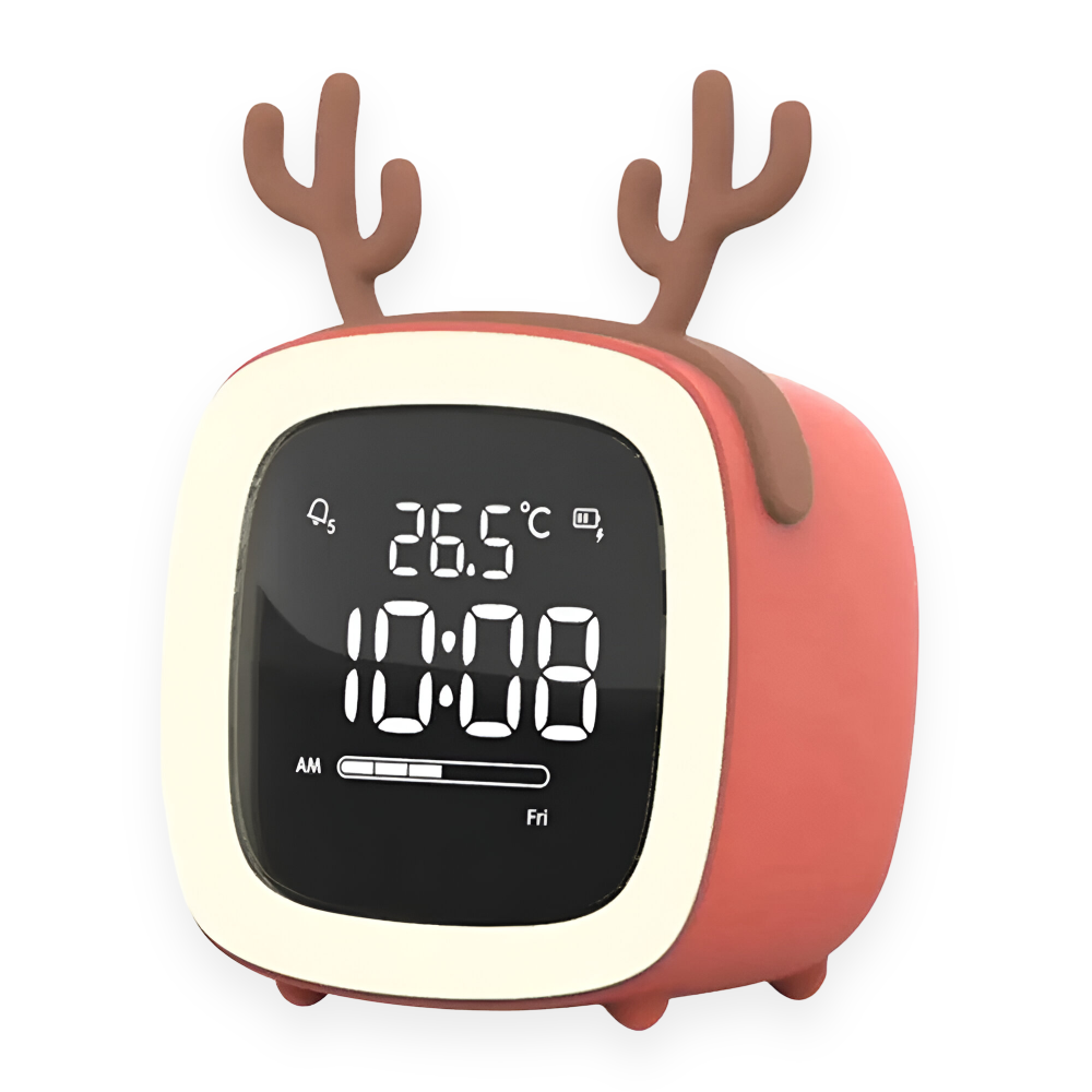 Digital clock with reindeer design on a white background