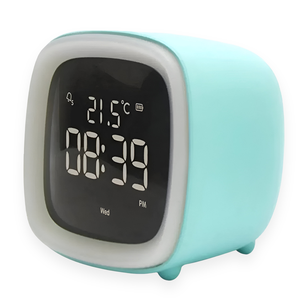 Digital clock with temperature display on a white background