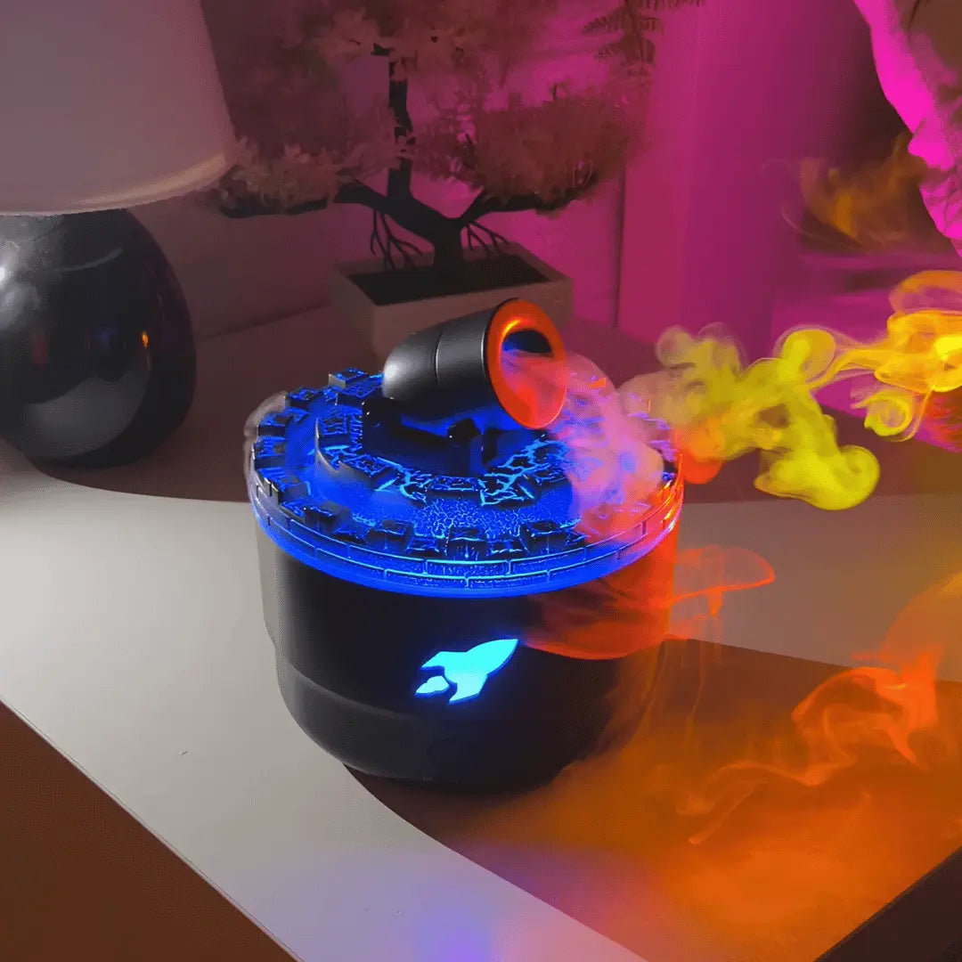 Colorful smoke device on a table with decorative items in the background