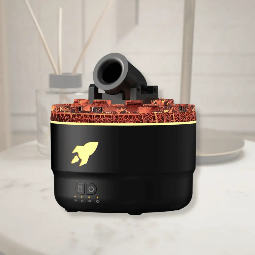 Black humidifier with red interior on a white surface