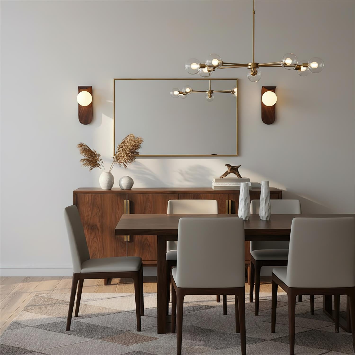 Modern dining room with wooden table, chairs, and decorative elements.