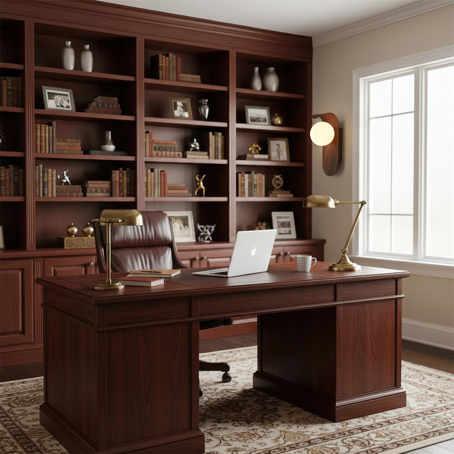 Wooden office desk with bookshelves and a chair in a well-lit room.