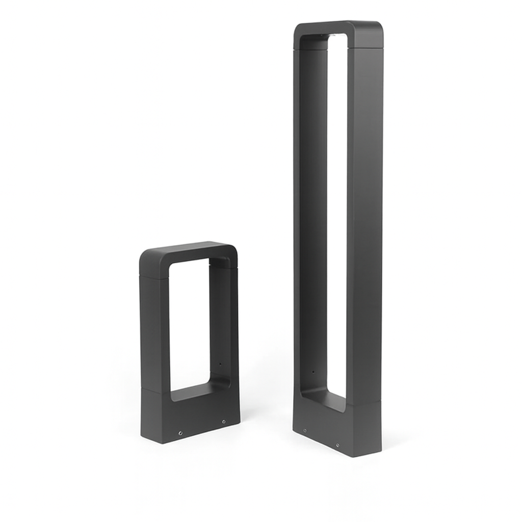 Two black metal bookends on a white background