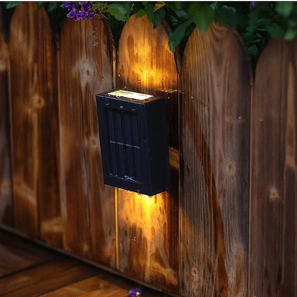 Solar wall light fixture on a wooden fence