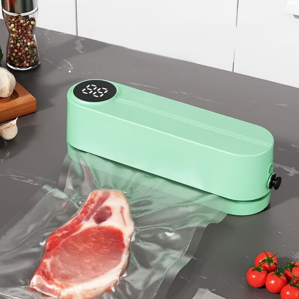 Green vacuum sealer on a kitchen counter with a piece of meat and tomatoes.