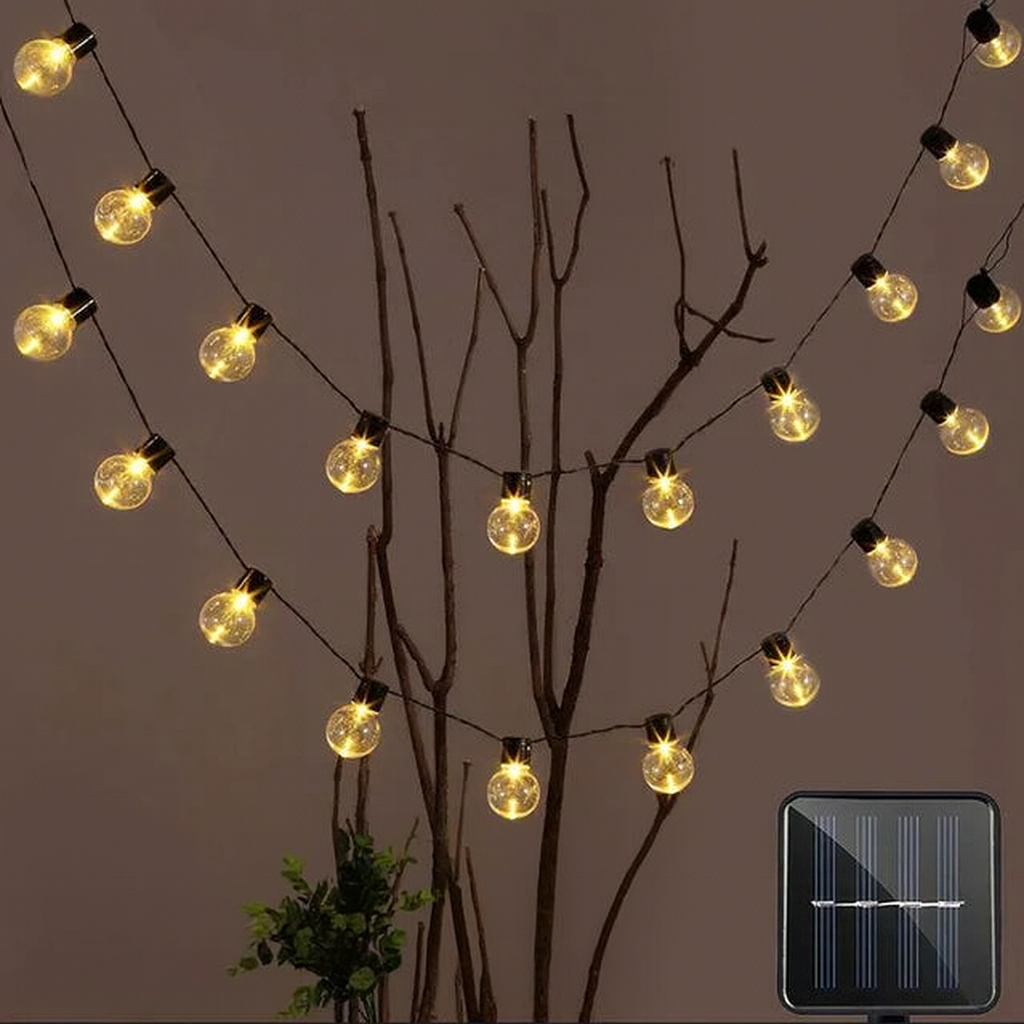String of lights with a solar panel indicator on a dark background