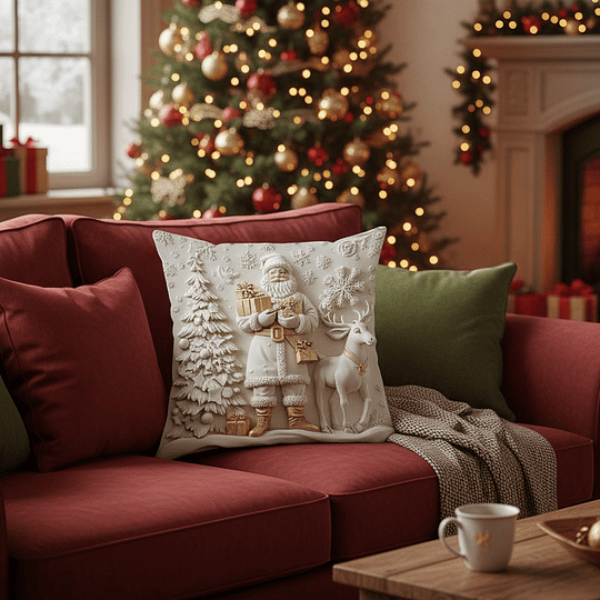 Decorative pillow with Santa Claus design on a red couch in a festive living room.