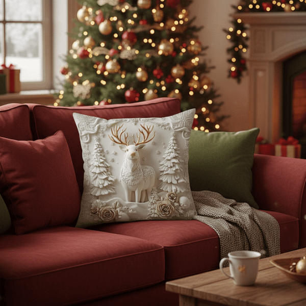 Decorative pillow with a reindeer design on a red couch in a festive living room.
