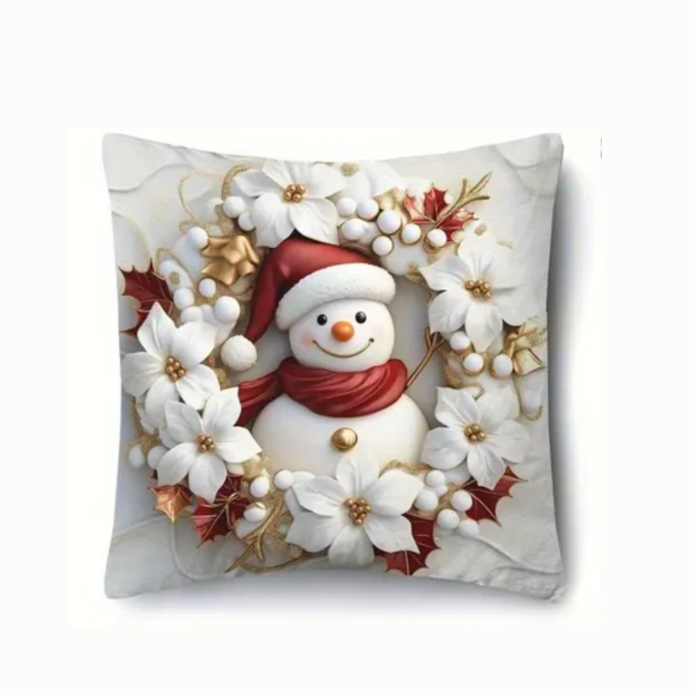Decorative pillow with a snowman design on a white background