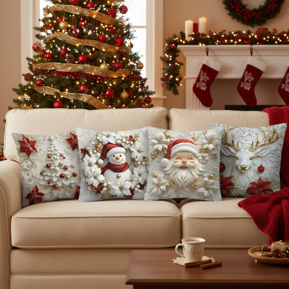 Decorative Christmas pillows on a beige sofa with a Christmas tree and stockings in the background.