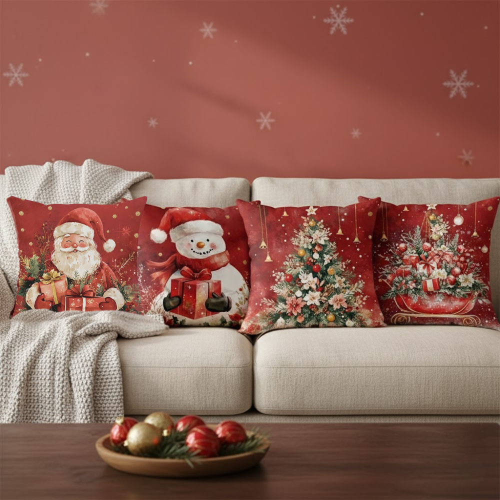 Decorative Christmas pillows on a beige sofa with a red wall and snowflake decorations.