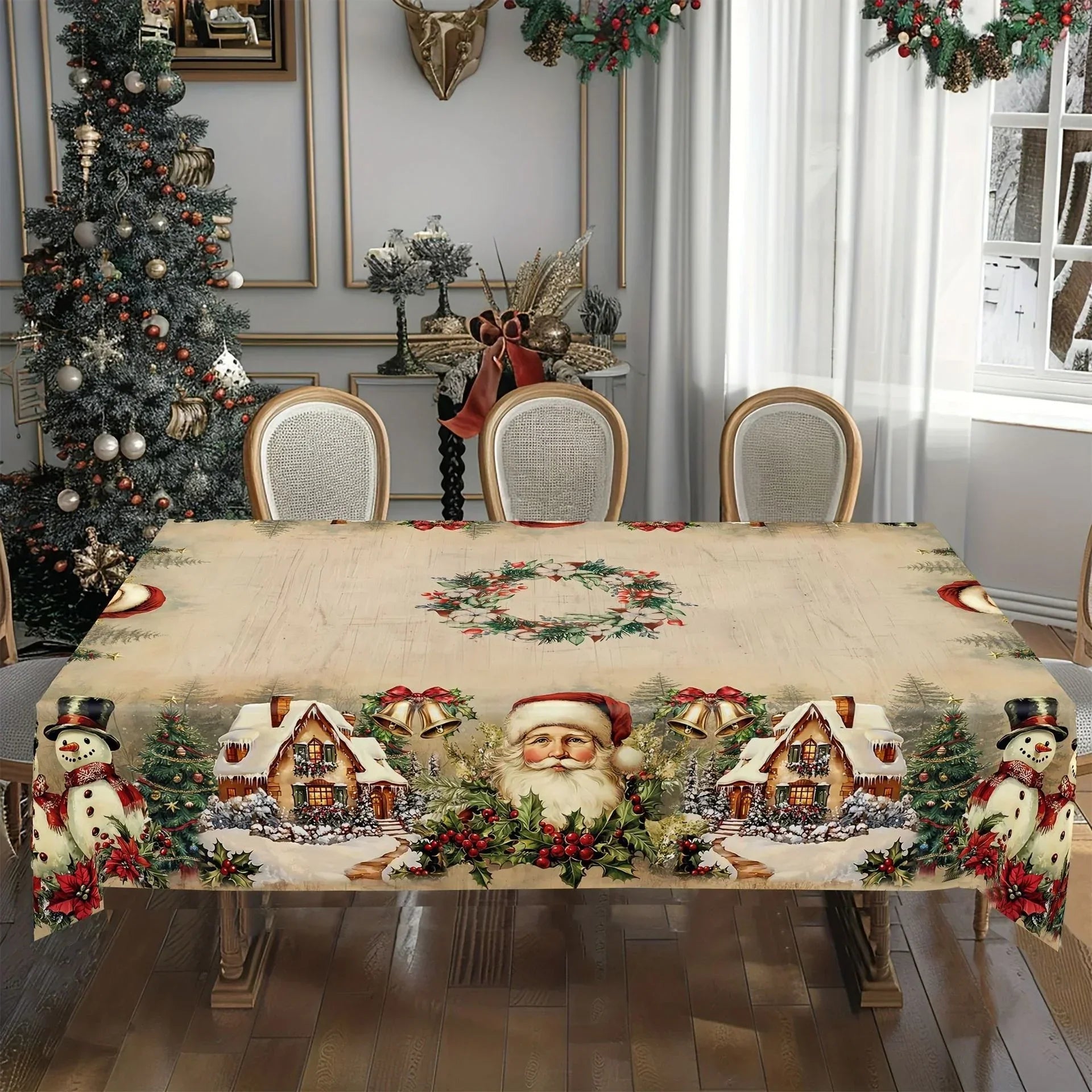 Dining room with a Christmas-themed tablecloth featuring Santa Claus, snowmen, and winter scenes.