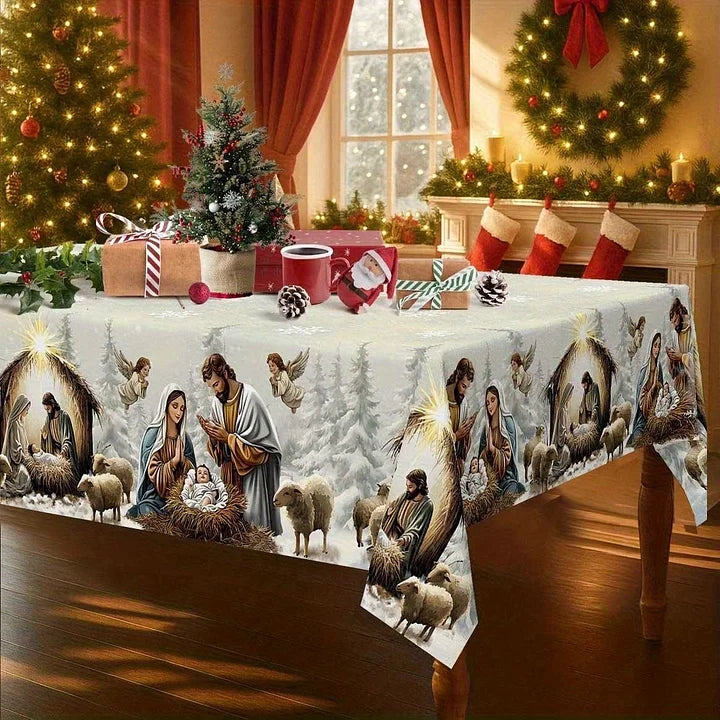 Tablecloth with Nativity scene design in a festive room with Christmas decorations.