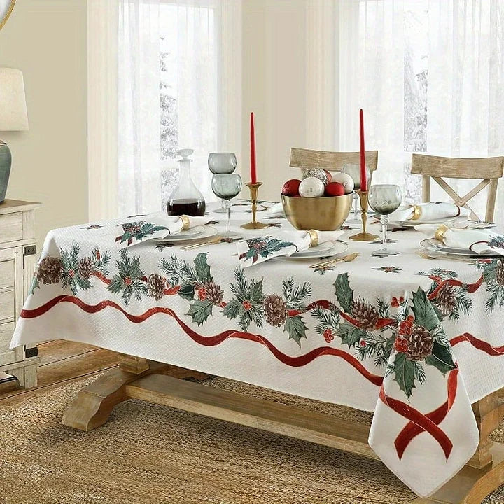 Decorative Christmas tablecloth with holly and ribbons on a set dining table.