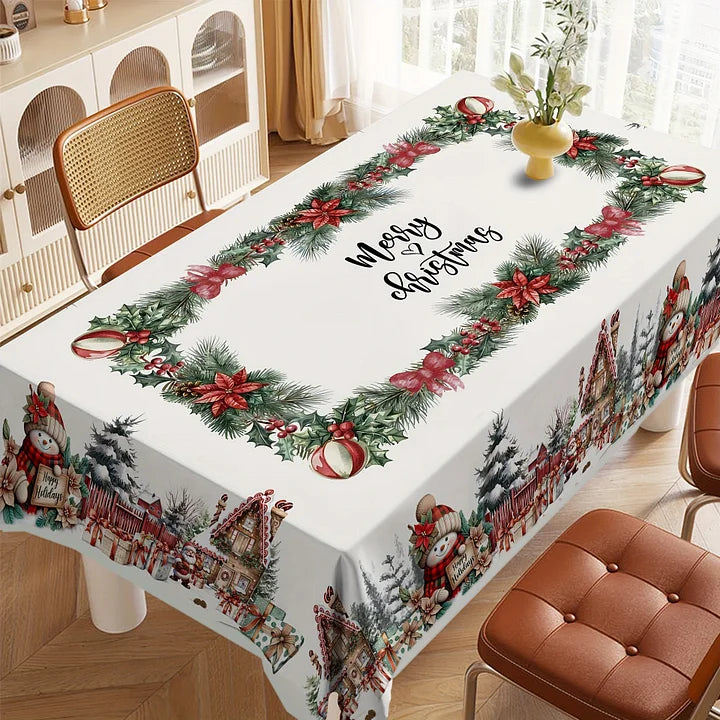 Christmas-themed tablecloth with decorative elements on a dining table.