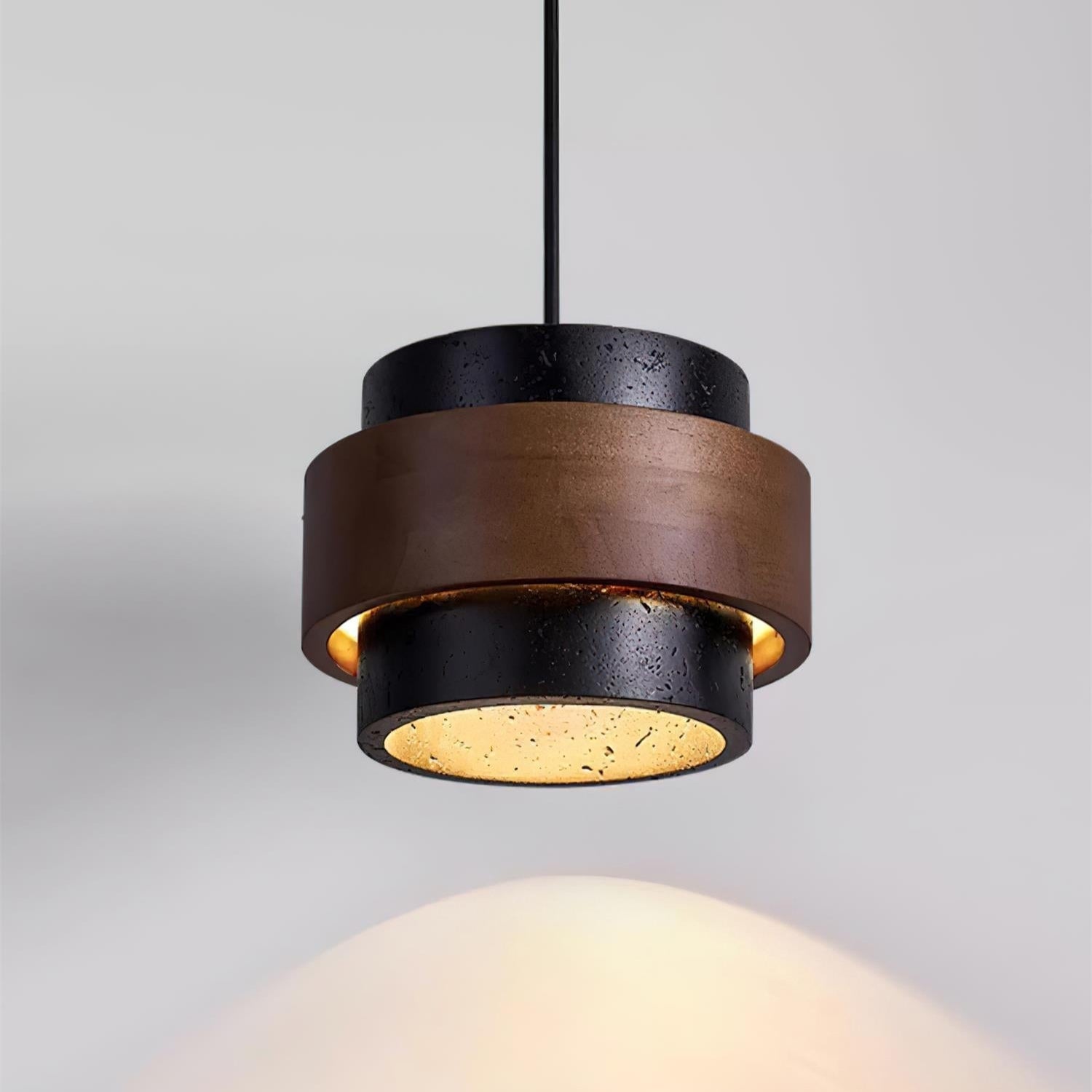 Modern pendant light with wooden and metallic design on a neutral background