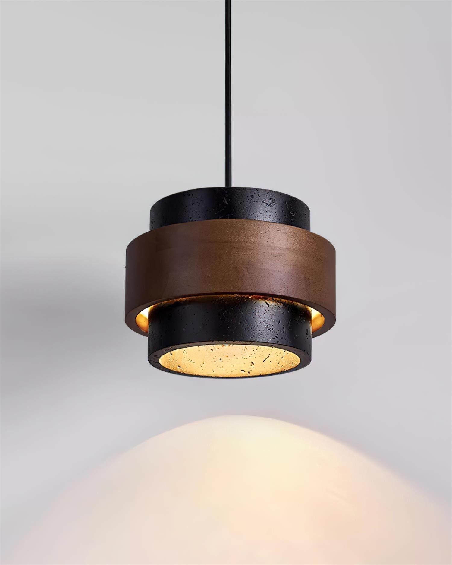 Modern pendant light with wooden and metallic design on a neutral background
