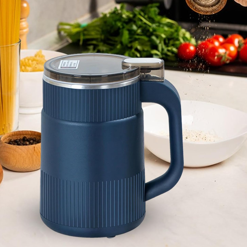 Blue insulated mug with handle on a kitchen counter