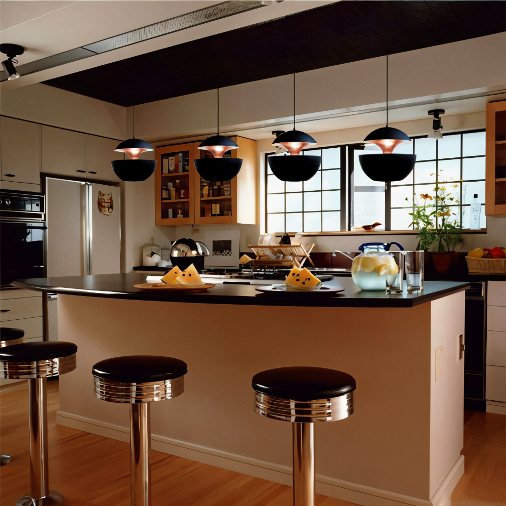 Modern kitchen with island, stools, and pendant lights.