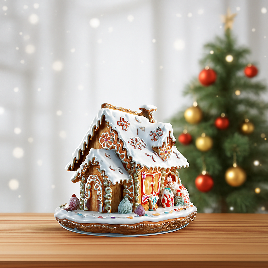Gingerbread house with a Christmas tree in the background
