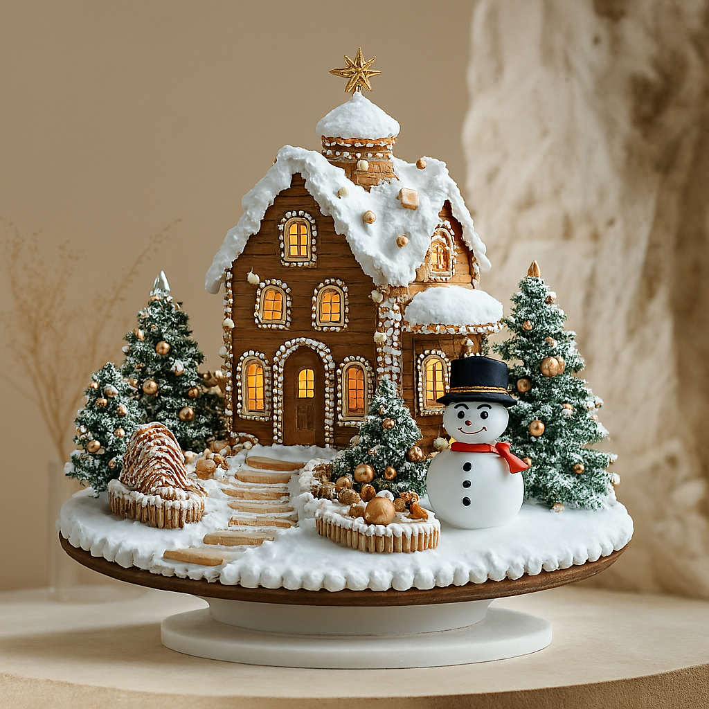 Gingerbread house with snowman and trees on a decorative stand