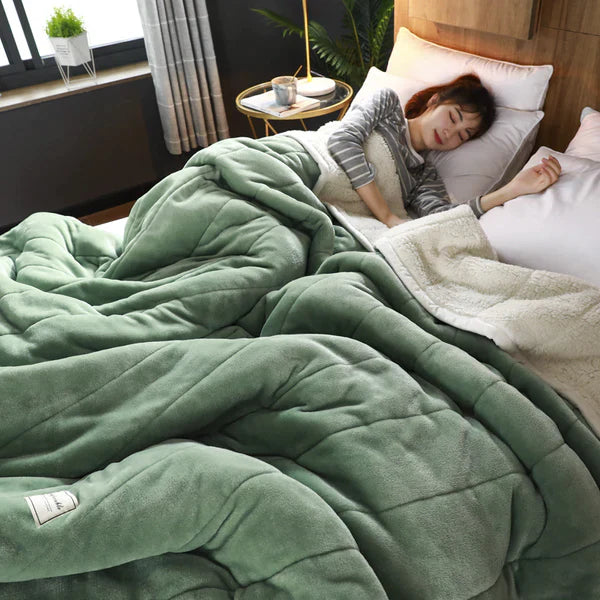 Person lying in bed under a green weighted blanket in a cozy bedroom.