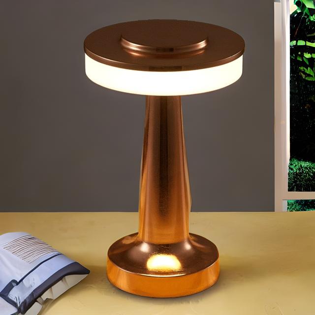 Copper-colored table lamp on a surface with a dark background