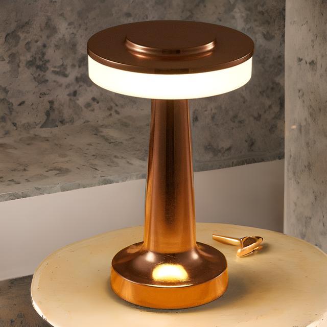 Copper-colored lamp on a wooden surface with a concrete wall background