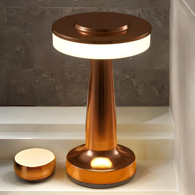 Copper-colored lamp with a cylindrical design on a neutral background