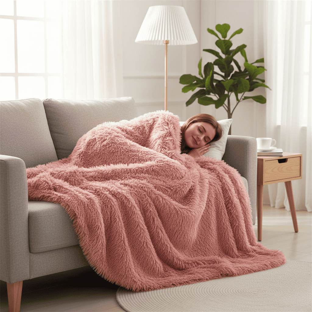 Person wrapped in a pink fluffy blanket on a couch in a cozy living room.