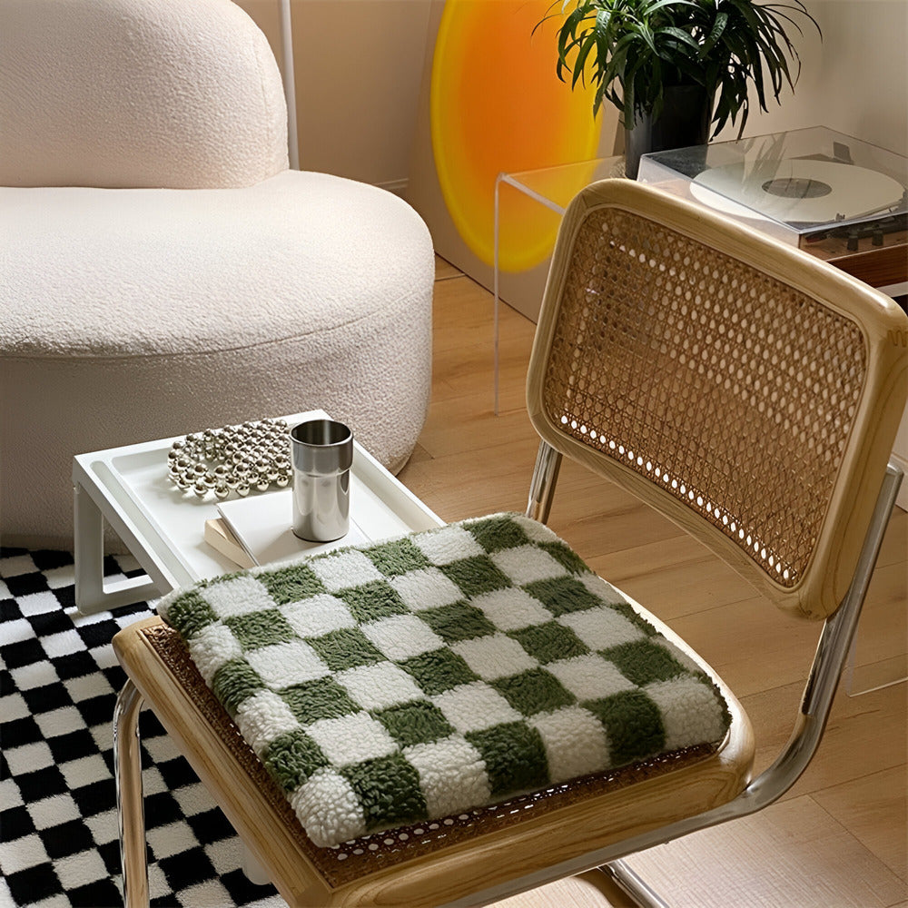 Chair with a checkered cushion in a room with a white sofa and a plant.