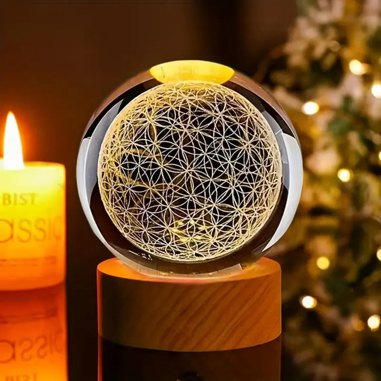 Crystal Ball with 3D Flower of Life Design and Color Changing LED Light – Decorative Night Light for Meditation and Home Decor 0