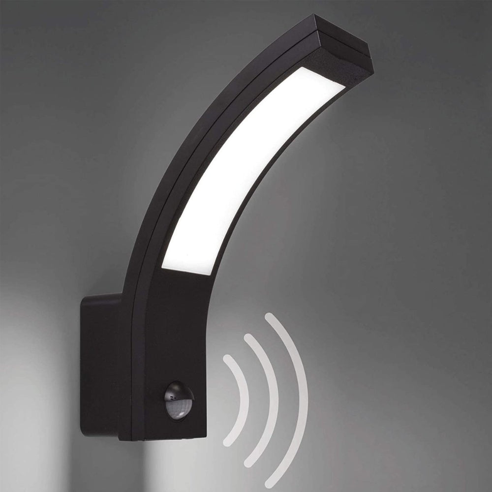 Black outdoor wall light with motion sensor on a gray background