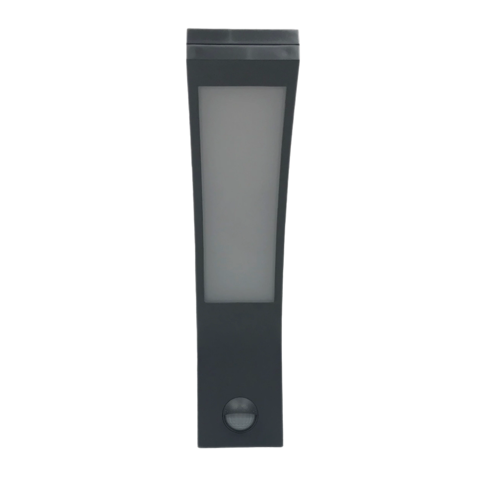Black outdoor wall light with motion sensor on a white background