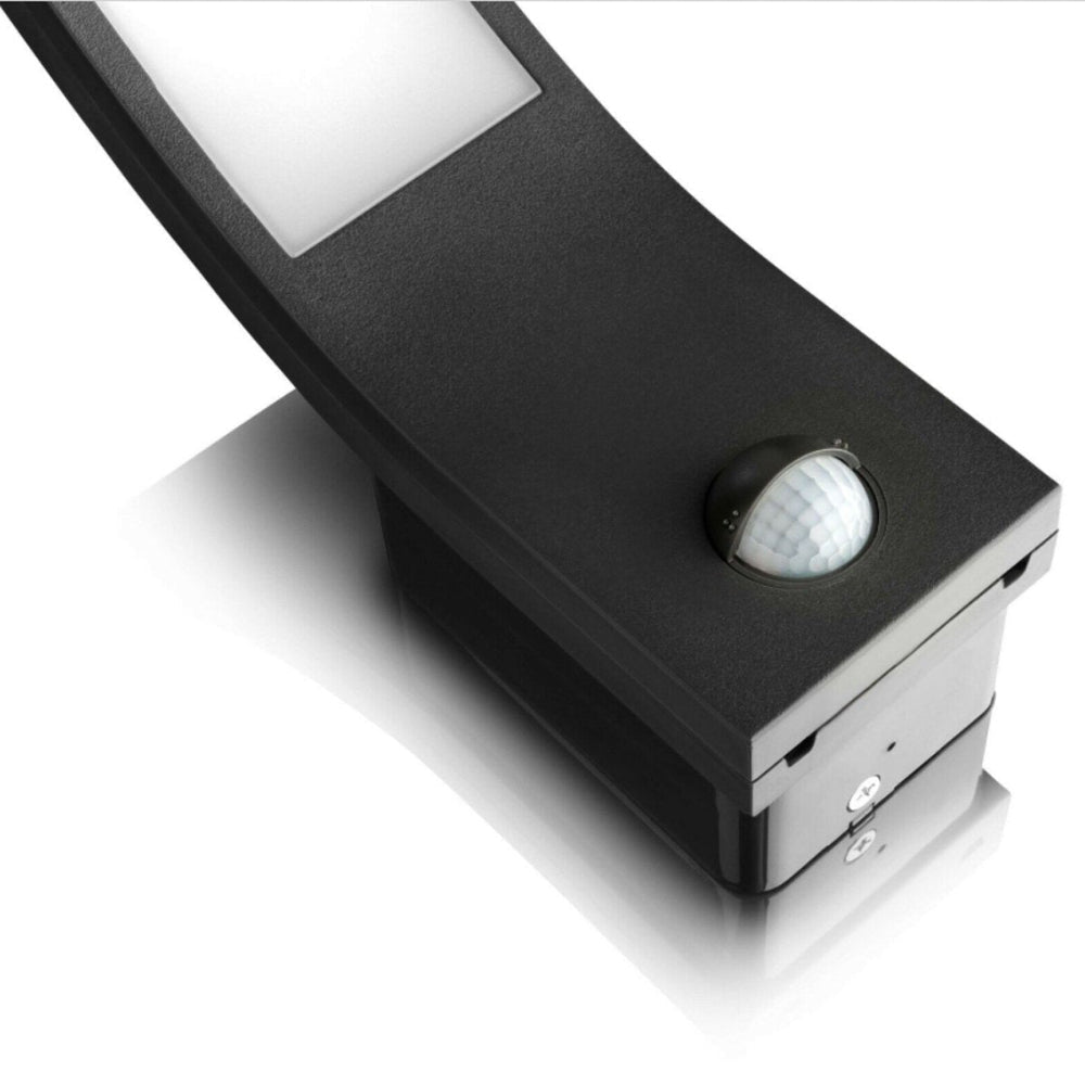 Black outdoor motion sensor light on a white background
